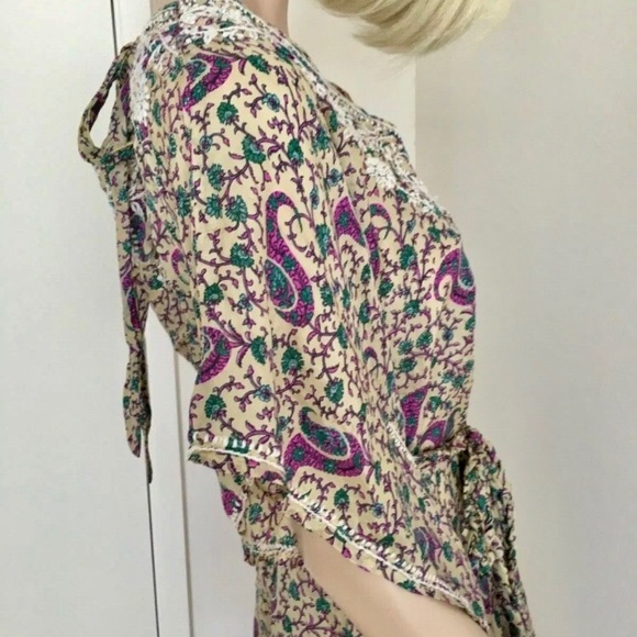 Sundance Silk Caftan Tunic Top Purple Paisley Hearts & Flowers Embroidery M/L - Picture 4 of 12